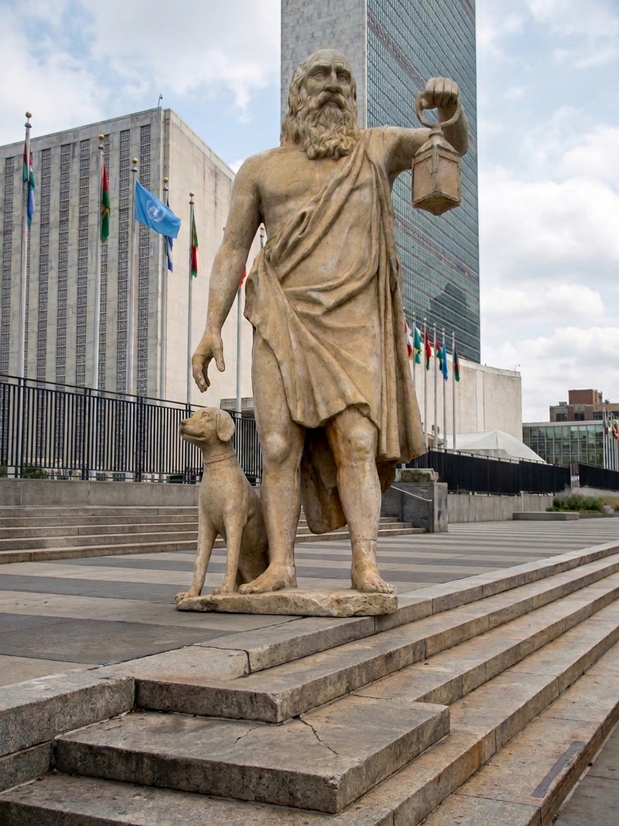 Barefoot sage on steps of the UN addresses wishful agency – holds up lantern, not smartphone